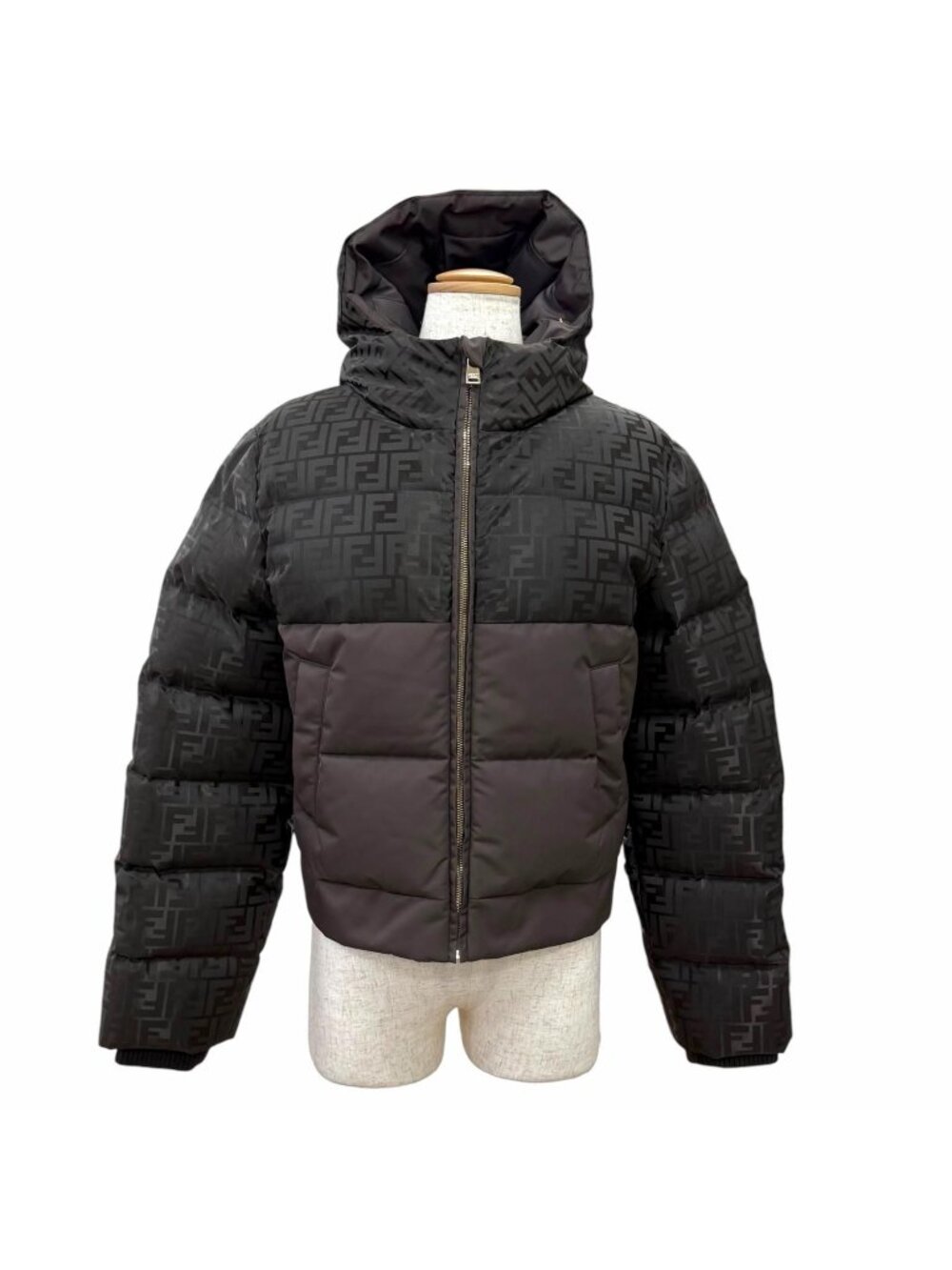 Fendi FF Logo Zucca Pattern Hooded Zip Up Jacket Dark Brown XS